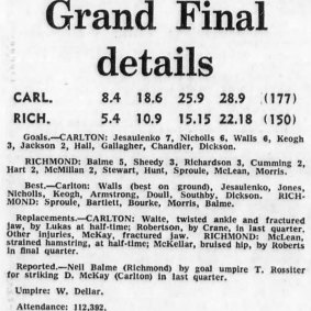 How the scoreboard read for the 1972 grand final, as reported in The Age on Monday October 9, 1972.