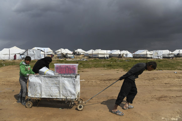A woman and two boys push a cart near the fence line of the foreign section of al-Hawl camp.