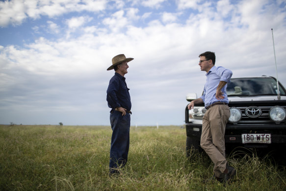 Agriculture and Water Resources Minister David Littleproud meets with farmer Hume Turnbull in Tambo, Queensland