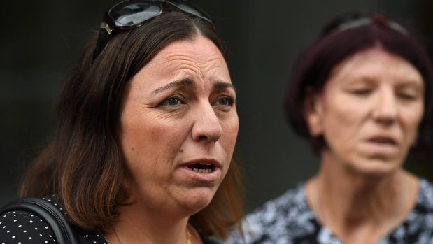 Sheridan Mollehauer (left), sister of murdered Gold Coast man Shaun Barker, talks to the media outside the Supreme Court.