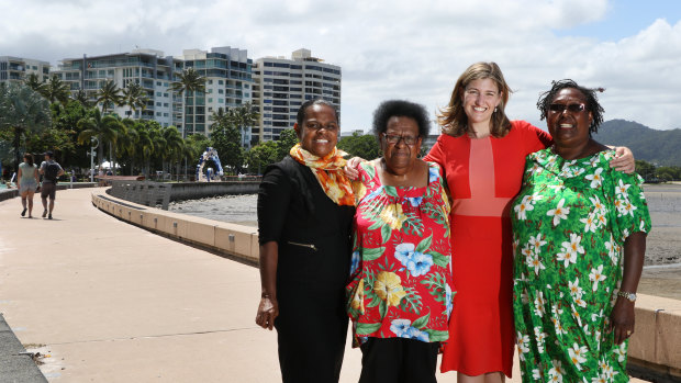 Labor candidate for Cook Cynthia Lui, Aunty Rose Elu, Communities Minister (and Ministerial Champion for the Torres Strait) Shannon Fentiman and Aunty Ivy Trevallion during the campaign.