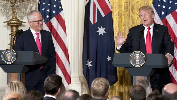 US President Donald Trump, accompanied by Prime Minister Malcolm Turnbull, at a joint news conference.
