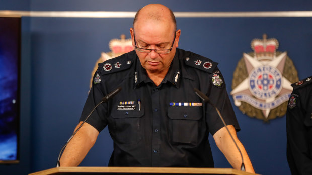 Chief Commissioner Graham Ashton at a press conference, addressing the resignation of disgraced Assistant Commissioner Brett Guerin.