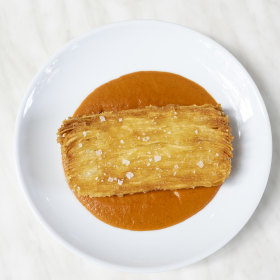 Duck fat potato terrine in peperonata.