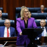 WA Treasurer Rita Saffioti hands down the 2024-25 Western Australian State Budget at Parliament House in Perth, Thursday, May 9, 2024. (AAP Image/Richard Wainwright) NO ARCHIVING .