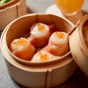 Scallop and prawn dumplings with smoked salmon roe.