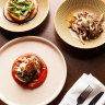 Roasted celeriac with umami glaze and pepper beach herbs and crispy saltbush; Otway shiitake with pumpkin seed miso, and kelp-wrapped fish with fermented red capsicum on the menu at Colt.