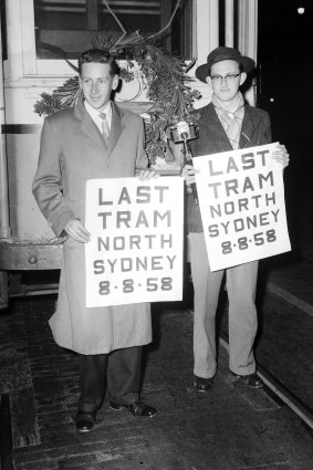 The last tram to cross the Sydney Harbour Bridge is farewelled on 8 August 1958. 