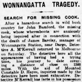 April 1918: <i>The Age</i> reports on the manhunt for John Bamford,  prime suspect in the murder of Jim Barclay. 