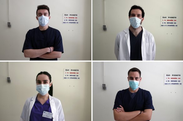 Medical students (clockwise from top left) Nikolaos Katsanakis, Ilias Sinanidis, Konstantinos Koufatzidis and Anna Karagiannakou at the entrance of the COVID-19 clinic at Sotiria Hospital in Athens.