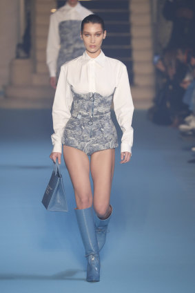 Bella Hadid walks in the Balmain show at Paris Fashion Week.