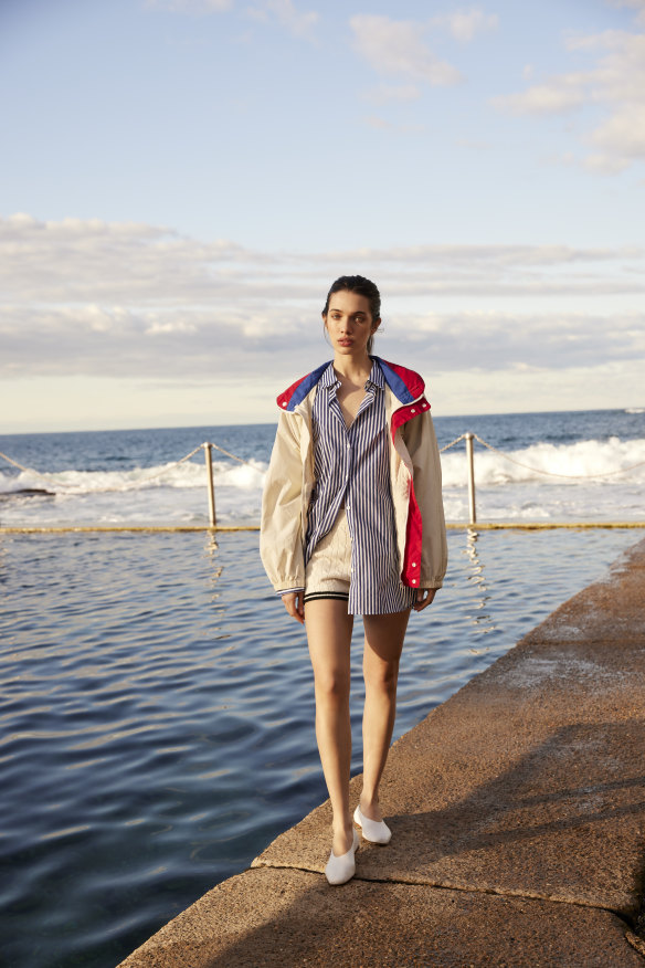 Maggie Marilyn “Longing for Home” jacket, $495, and shirt, $295. Ralph Lauren shorts, $249. Essen flats, $329.   