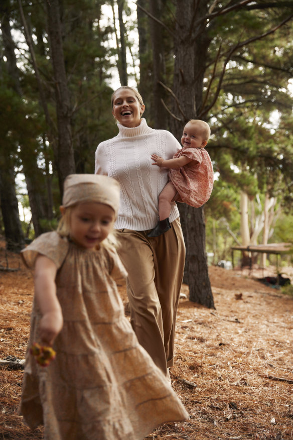 Teresa wears Iris & Wool “Quirindi” knit, $279. R.M. Williams “Leeman” pants, $229. Poet wears Printebebe dress, $90, and scarf, $25. Prairie wears Printebebe smock, $60. R.M. Williams booties, $150.