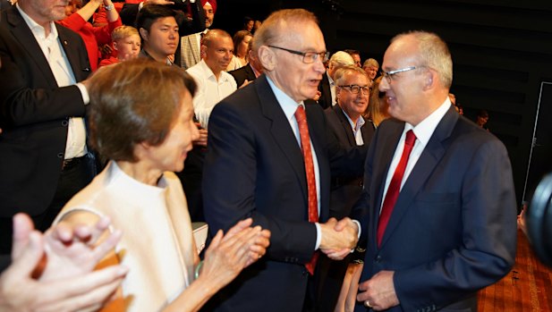 Former premier Bob Carr congratulates Luke Foley at the campaign launch.