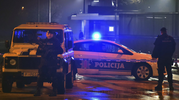 Police block off the area around the US embassy in Montenegro's capital, Podgorica, on Thursday.