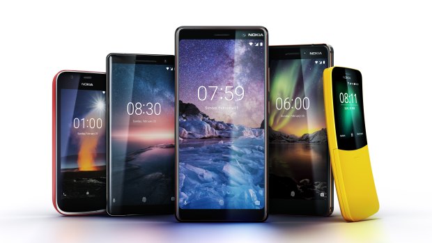 HMD's newly-announced phones. From left: Nokia 1, Nokia 8 Sirocco, Nokia 7 Plus, Nokia 6 and Nokia 8110.