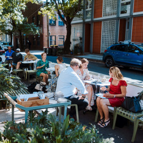 Seating spills out to the street. 