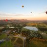 2X0M2WY Hot air Balloons in Pokolbin wine region over wineries and vineyards, Aerial image, Hunter Valley, NSW, Australia **SINGLE USE FOR SMH** Photo: Alamy** Fees apply
