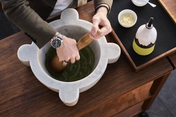 a’Mare’s trofie al pesto, prepared tableside. 