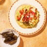 Vegetarian tostadas topped with haloumi and blistered jalapenos (bottom left).