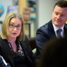 Victorian Premier Jacinta Allan (centre) with new Parliamentary Secretary for Men’s Behaviour Change, Tim Richardson, on Thursday.