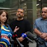 Family members of victims: Maxine Tsihlakis, Spiros Vasilakis and Steve Samaras outside the County Court of Victoria after the fine and conviction were handed down.