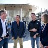 From left: Former Coalition premiers Dominic Perrottet and Mike Baird, with Premier Chris Minns and Transport Minister Jo Haylen at Barangaroo metro station on Saturday. 