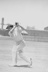 Don Bradman, shows his batting style at a suburban ground in 1938.