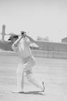 Don Bradman, shows his batting style at a suburban ground in 1938.