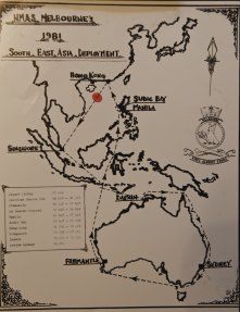 HMAS Melbourne’s 1981 deployment and red dot marking the location of where they rescued 99 Vietnamese people on June 21, 1981. 