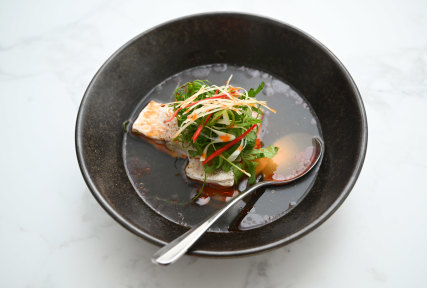 Steamed local snapper, fried bone and wakame broth, mussels and ginger. 
