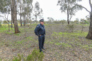 Leading Senior Constable Chris Trimble at the murder scene, the former gold rush town of White Hills, now Havelock, of which little remains. 