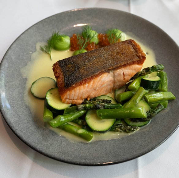 The pan-fried King Ora Salmon with courgette, asparagus and pea purée.