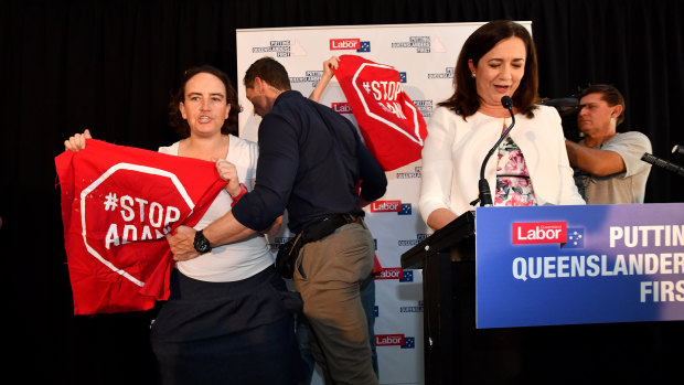 Premier Annastacia Palaszczuk's campaign speech was interrupted by anti-Adani protesters.  “People in Queensland have a right to protest,” the Premier said.