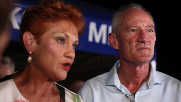 Pauline Hanson with former party state leader Steve Dickson at Buderim on Saturday night where Mr Dickson lost his seat.