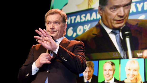 The independent presidential candidate Sauli Niinisto at his election reception in Helsinki, Finland, on Sunday.