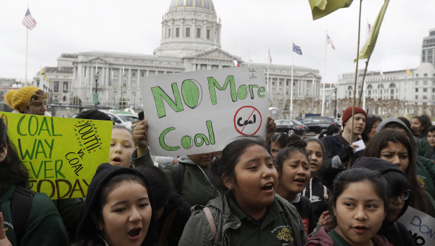 Students at a rally for clean energy in San Francisco last week. California opposes a Trump administration plan to scrap a policy slashing climate-changing emissions from power plants.