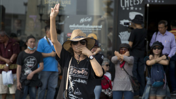 Protesters near the democracy monument in Bangkok this month. They are calling for a restoration of democracy after the 2014 coup.