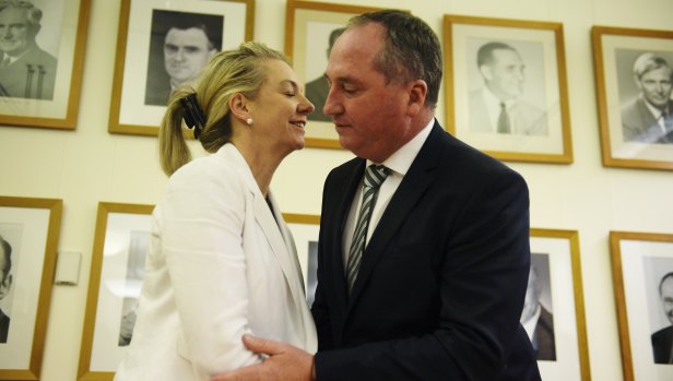 Deputy Prime Minister Barnaby Joyce congratulates Bridget McKenzie on her election as deputy Nationals leader last year.