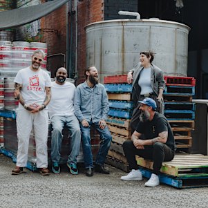L-R: Ester Spirits co-founder Felix Clark with Plate it Forward founder Shaun Christie-David, Young Henrys co-founder Oscar McMahon, Ester Spirits co-founder Corinna Kovner and Young Henrys co-owner Dan Hampton at the Young Henrys Newtown  brewery.