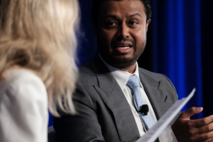 Robin Khuda speaking to editor Cosima Marriner at the Financial Review Property Summit in Sydney on Tuesday.