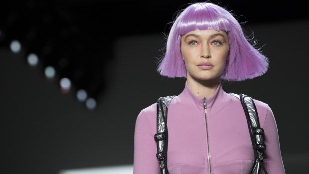 Model Gigi Hadid models the Jeremy Scott collection during Fashion Week in New York.