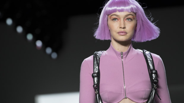 Model Gigi Hadid models the Jeremy Scott collection during Fashion Week in New York.