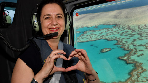 Queensland Premier Annastacia Palaszczuk takes a helicopter flight over the Great Barrier Reef during the election campaign.