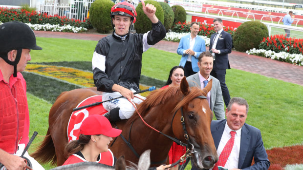 Written By ridden by Jordan Childs  with trainer Grahame Begg, returns to the mounting yard after winning the Blue Diamond Stakes at Caulfield on Saturday.