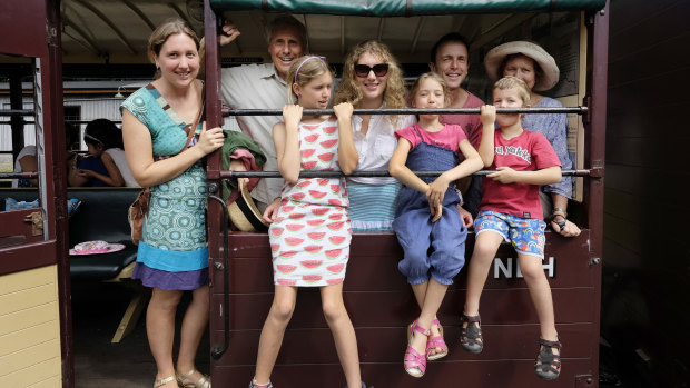 Michael Barnes with his son in law Marshall Bown and daughters Kylie and Alinta, his wife Trisha  and  their three grandchildren, Asher 5, Aruna 8, Yani 11, on the Puffing Billy train in January 2015. 