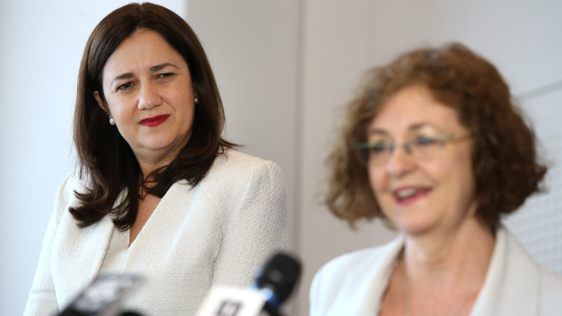 Queensland Premier Annastacia Palaszczuk (left) with newly appointed chairwoman of an Anti-Bullying Task Force Madonna King during a press conference in Brisbane on Monday.