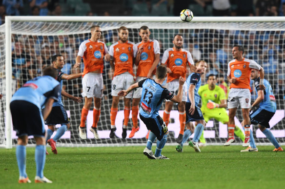 Last hopes: Brandon O'Neill of Sydney takes a free kick at the Roar goal in the dying minutes.
