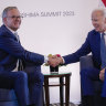 Prime Minister Anthony Albanese and US President Joe Biden meet on the sidelines of the Hiroshima G7 Summit in May.