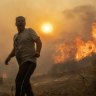 A local reacts as the flames burn trees in Gennadi village, on the Aegean Sea island of Rhodes in Greece on Tuesday.